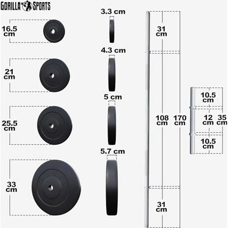 GORILLA SPORTS® Hantelset - 70kg, Langhantelstange 170cm, Gewichte 4x1,25kg / 4x2,5kg / 4x5kg / 2x10kg, 2x Kurzhanteln 30mm, mit 6 Sternverschlüssen, Kunststoff - Hantel Set, Kurzhantelset, Hanteln – Bild 4