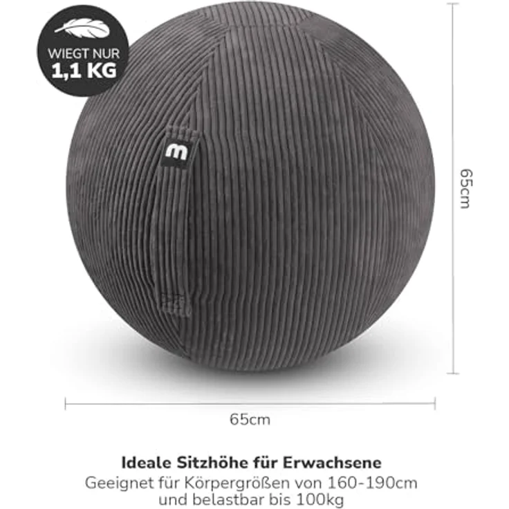 mokebo Stoff Sitzball Büro ergonomisch 'Der Sportliche', 65cm Breite, Cordbezug – Bild 4