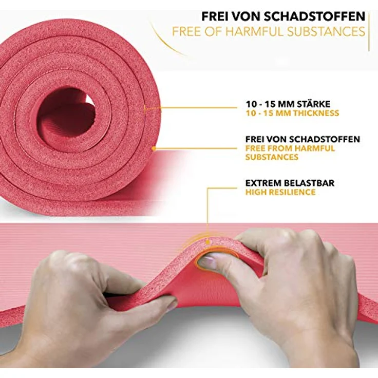 TRESKO Yogamatte, Phthalatfrei, rutschfest, Gymnastikmatte mit Tragegurt, 185x60 cm, Rot, 1,5 cm dick – Bild 3