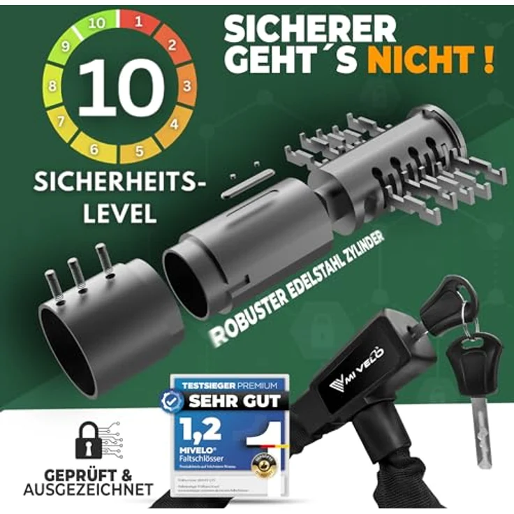 MIVELO Kettenschloss, Fahrradschloss aus 8mm gehärtetem Stahl, 100cm lang, hohe Sicherheit für E-Bike, MTB & Rennrad, inkl. Schlüssel – Bild 4