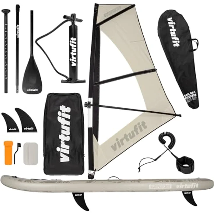 VirtuFit Surfer 305 SUP & Windsurf Board, aufblasbar, sand beige, mit umfangreichem Zubehörset und 180 kg Tragfähigkeit – Bild 1