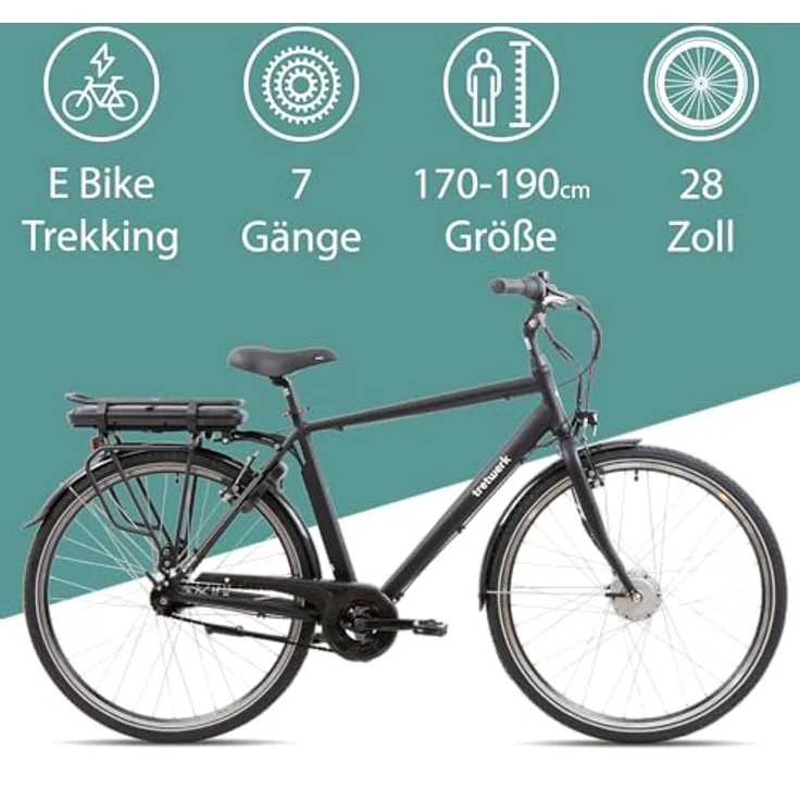 TRETWERK - 28 Zoll E-Bike Herren Pedelec - Mystic schwarz - E-Citybike mit 7 Gang Shimano Nexus Nabenschaltung - Elektrofahrrad mit Frontmotor 250W, 36V – Bild 2