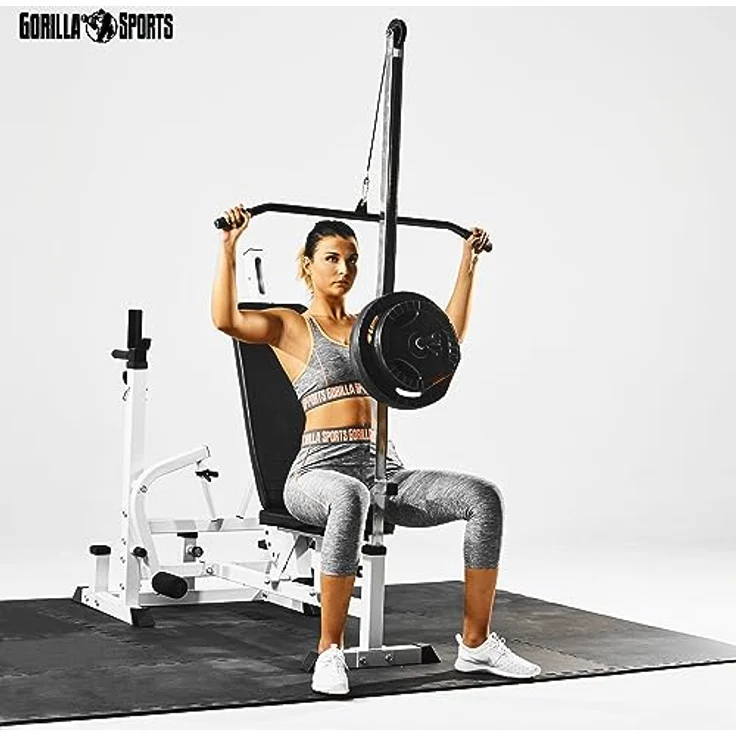 GORILLA SPORTS® Kraftstation Universal - Trainingsbank mit Latzugturm, Butterfly, Beincurler, Weiss – Bild 8