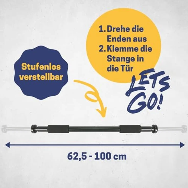 Best Sporting 2-Wege Türreck Klimmzugstange I Stufenlos verstellbar 62,5-100 cm I Belastbar bis 100 kg I Einfache Montage mit oder ohne Schrauben I Griffe aus Eva Schaumstoff, Schwarz – Bild 3