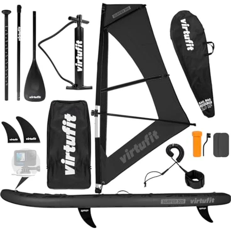 VirtuFit Surfer 305 SUP-Board Schwarz, aufblasbar mit Windsurf-Set und 2 m² Windsegel, max. Tragfähigkeit 180 kg – Bild 1