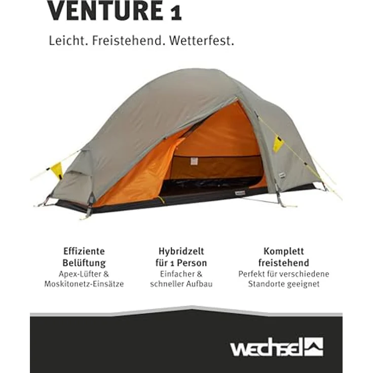 Wechsel Trekkingzelt Venture 1, Kuppelzelt für 1 Person, schnell aufbaubares Hybridzelt, kompakt mit Packmaß 45 x 15 cm, ideales Outdoor-Zelt für Camping und Wandern – Bild 2