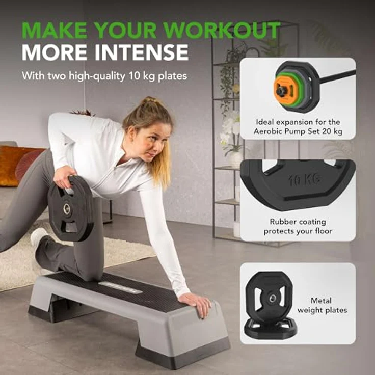 Tunturi Erweiterung Aerobic Pump Gewichteset, 2x 10 kg, robuste Metallplatten mit Gummibeschichtung, ergonomische Griffe, kompatibel mit 30 mm Standard-Langhantelstangen – Bild 2