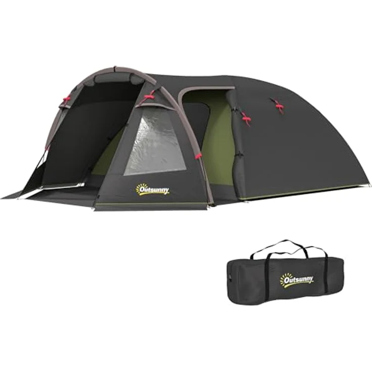 Outsunny Tunnelzelt 4 Personen, leicht und stabil, wasserdicht 3000mm Wassersäule, UV 50+, mit Vordach und Doppeltüren, ideal für Camping und Trekking – Bild 1