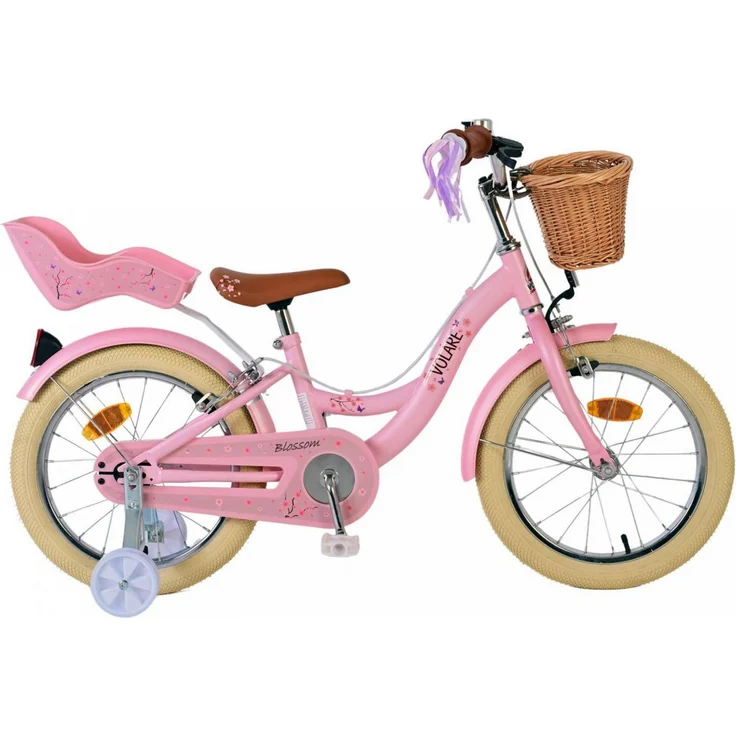 Volare Blossom Kinderfahrrad 16 Zoll für Mädchen, rosa, mit Zweihandbremsen, abnehmbaren Seitenrädern, geschlossenem Kettenschutz und Puppensitz