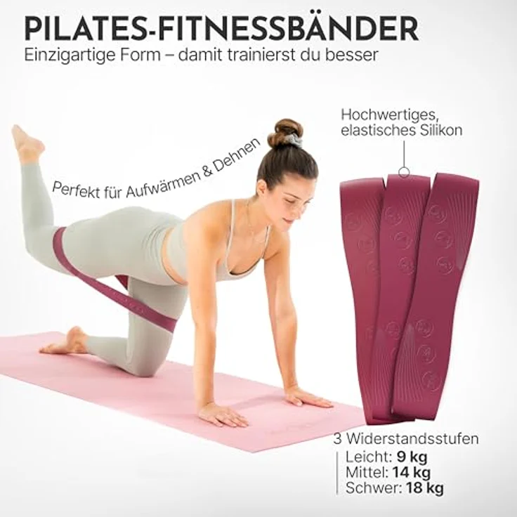 NEOLYMP Pilates Fitnessbänder, Silikon Resistance Bands 3er Set mit 3 Widerstandsstufen 9/14/18 kg, rutschfest für Pilates & Yoga (Sky-Blue) – Bild 2