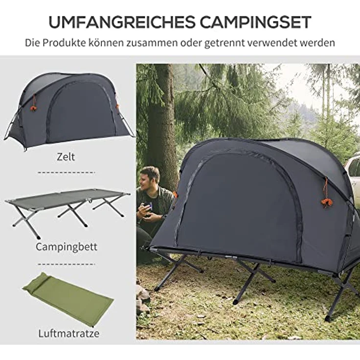 Outsunny Campingbett mit Zelt, erhöhtes Feldbett für 1 Person, Kuppelzelt mit selbstaufblasbarer Matratze und Tragetasche, grau, 200 x 86 x 147 cm – Bild 3