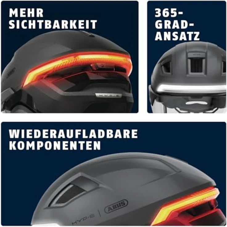 ABUS HYP-E B.LACE Fahrradhelm, Grau, mit Front-, Rück- und Blinklicht, kabellosem Bremslicht, Visier und Ohrenschützern, Größe S (51-55 cm) für Fahrrad, E-Bike und S-Pedelec – Bild 4