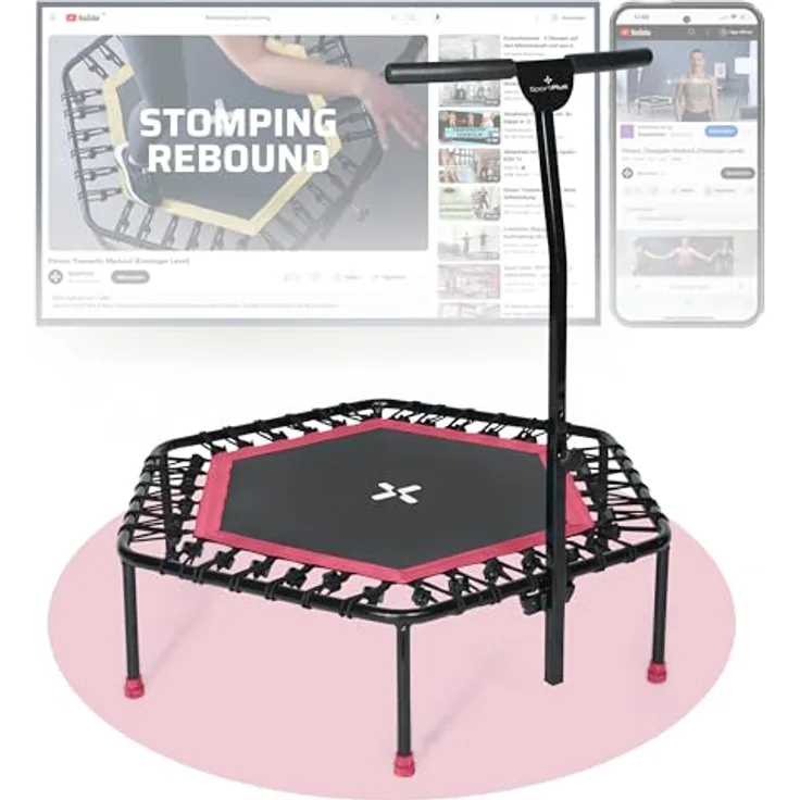SportPlus I I Fitness Trampolin für zuhause, mit Haltestange (5-Fach höhenverstellbar), weiche Gummiseilfederung, sehr leise & bis 130 kg belastbar