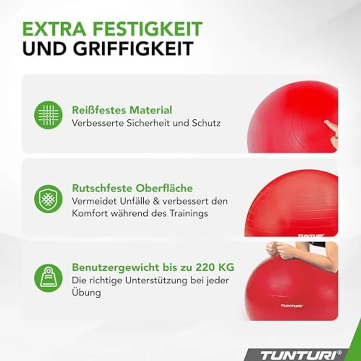 Tunturi Anti Burst Fitnessball 55 cm, Rot - Yoga-Ball mit Pumpe, 220 kg Benutzergewicht, ideal für Pilates und Schwangerschaft – Bild 2