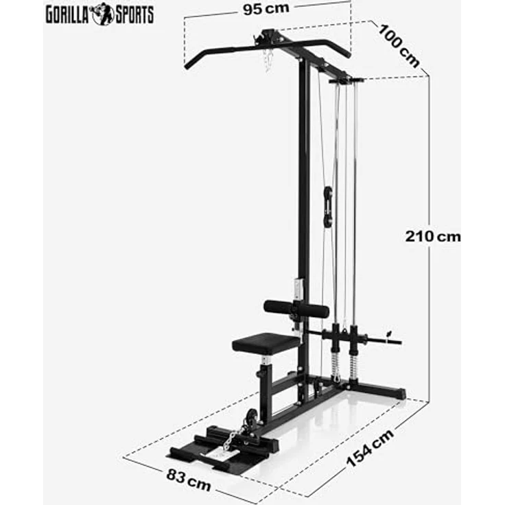 GORILLA SPORTS® Latzugturm Multi-LAT-Tower, verstellbar bis 300 kg, inkl. 2 Griffstangen, Schwarz, für effektives Oberkörper-Training, 154 x 83 x 210 cm – Bild 2