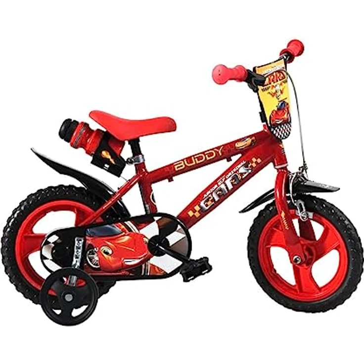 Dino Kinderfahrrad Cars Buddy 12 Zoll, 1 Gang, mit Stützrädern, Trinkflasche und Frontschild, rot – Bild 2