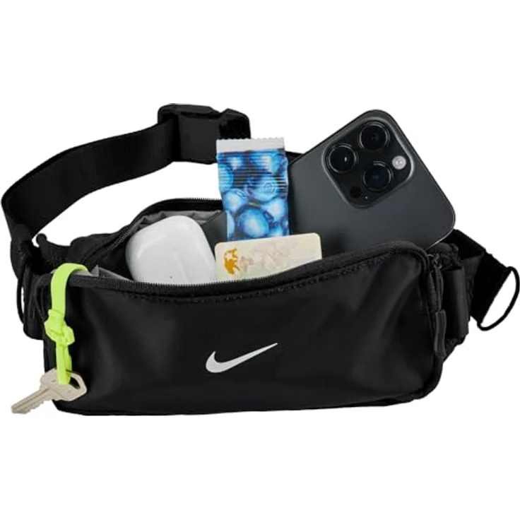 Nike Tempo Waistpack, Laufgürtel für Smartphone und Schlüssel, wasserabweisend, verstellbarer Hüftgurt, Schwarz/Silber, One Size – Bild 2
