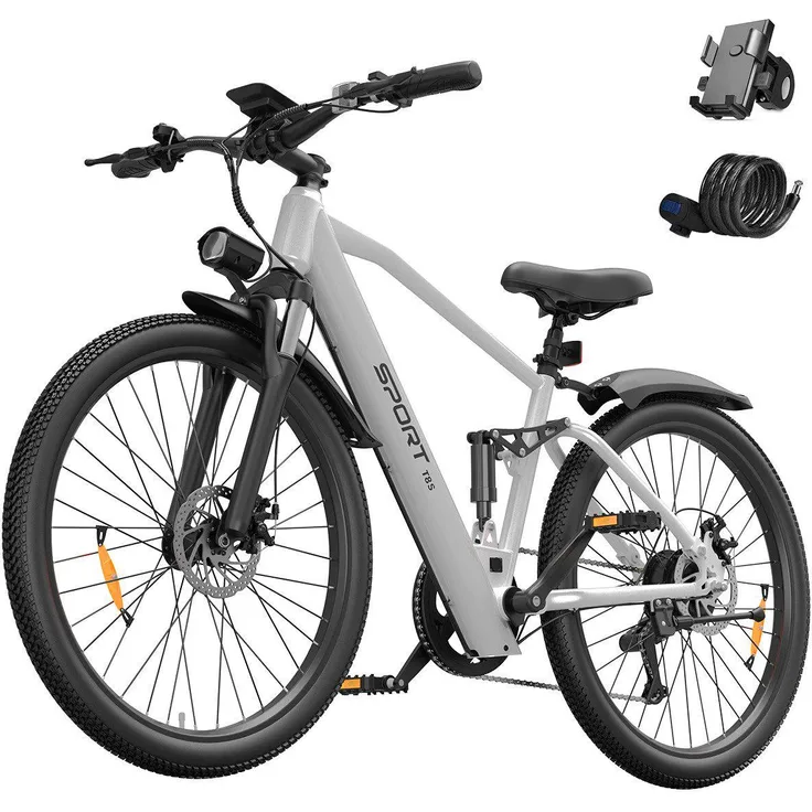 VANKEL E-Bike T8S, Cityrad Herren Damen, 26 Zoll, 250W Heckmotor, 624Wh Akku, 70km Reichweite, Shimano 7-Gang, mechanische Scheibenbremsen, Schwarz/Silber/Rot