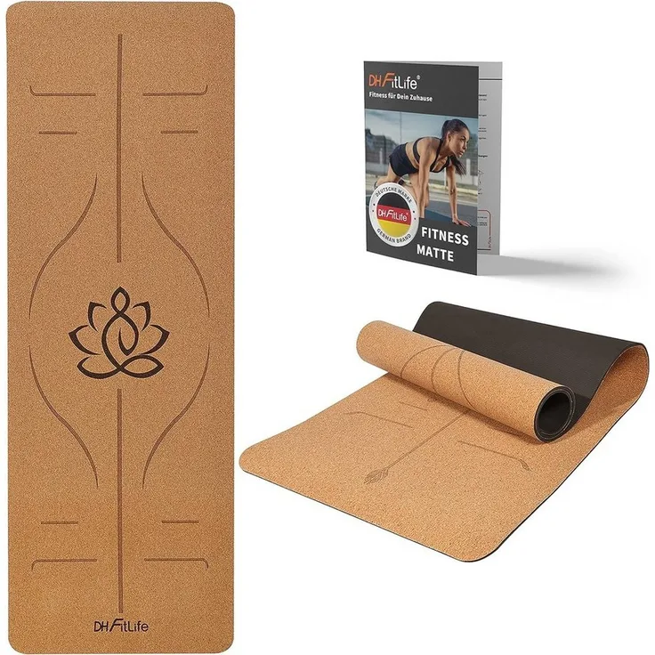 DH FitLife Yogamatte aus Kork & TPE, rutschfeste Fitnessmatte mit Orientierungslinien, 183 x 61 x 0,6 cm, hautverträglich und leicht transportabel