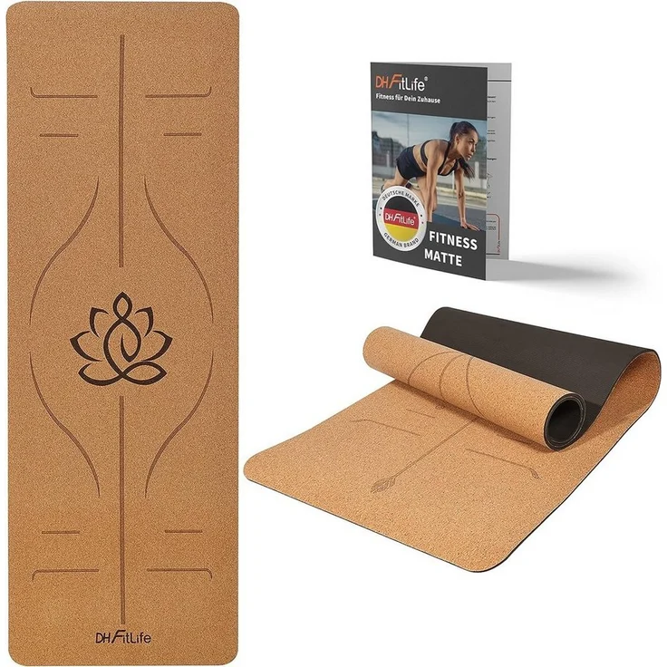 DH FitLife Yogamatte aus Kork & TPE, rutschfeste Fitnessmatte mit Orientierungslinien, 183 x 61 x 0,6 cm, hautverträglich und leicht transportabel