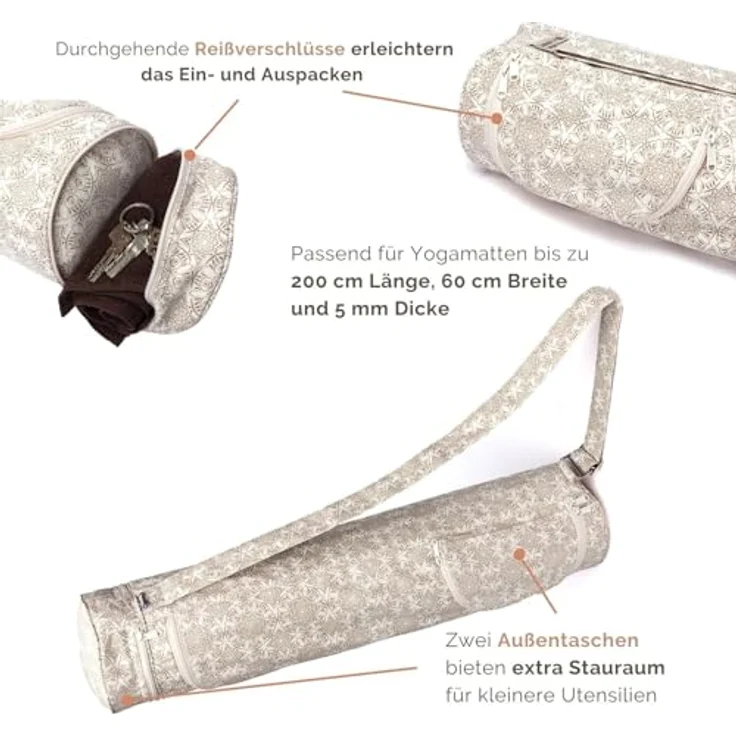 Bodhi Yogatasche ASANA Bag Cotton | Maharaja Collection | Yogamattentasche für Matten bis 200 cm Länge | Baumwolltasche mit Außentaschen | 70 cm | Madurai/Ecru – Bild 3