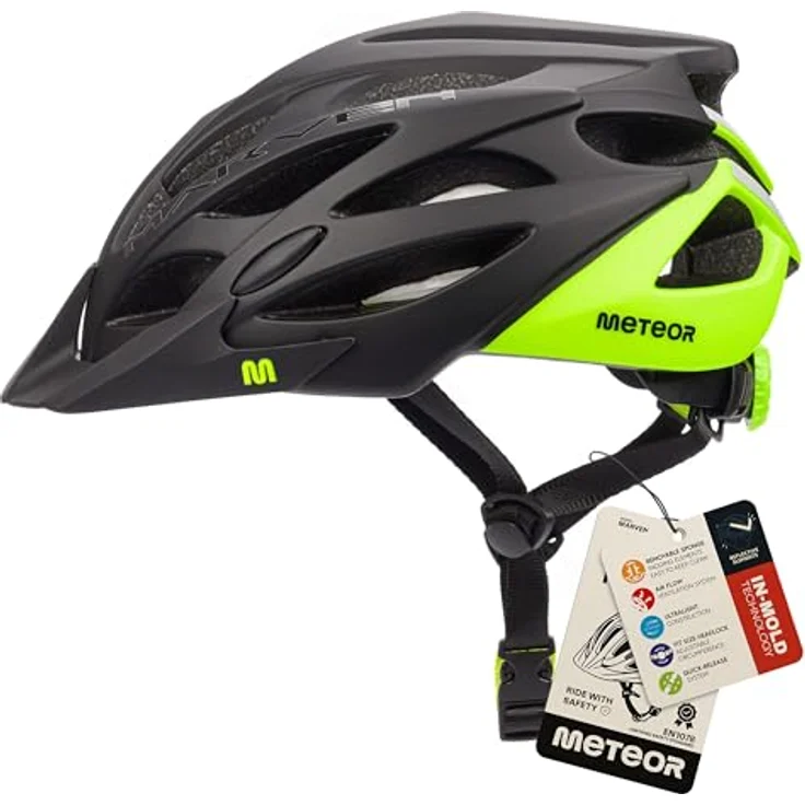 meteor Fahrradhelm M 55-58 cm, Black/Green, mit LUFTDURCHLASS-System und FLIEGENNETZ-Schutz, optimal für Herren, Damen und Kinder – Bild 1