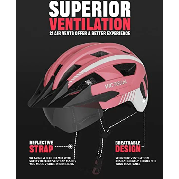 Victgoal VICTGOAL Fahrradhelm mit Abnehmbarer Magnetischer Schutzbrille, Atmungsaktiv und 21 Belüftungskanälen, für Herren Damen, Einstellbare Größe L (57-61 cm), Rosa – Bild 3