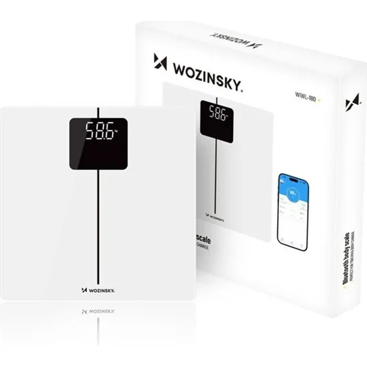 Wozinsky WIWL-180 Smarte Bluetooth Badezimmerwaage mit 100 g Wiegegenauigkeit, bis zu 180 kg Wiegebereich, BMI-Messung, LED-Display - Weiß