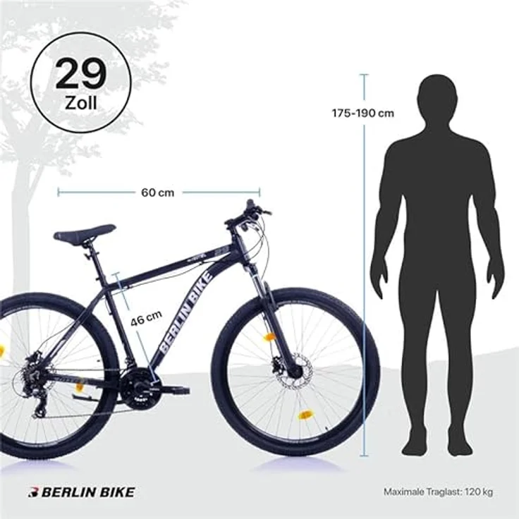 Berlin Bike MTB1 Mountainbike, 29 Zoll, 46 cm Rahmenhöhe, hydraulische Scheibenbremsen, Shimano-Set, Schwarz-Silber – Bild 8