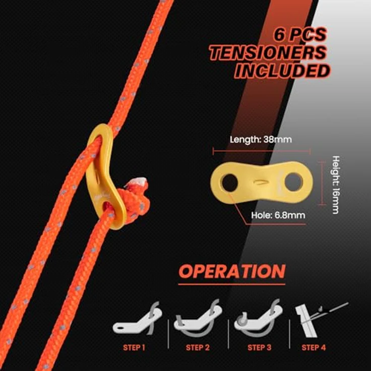 Abma Cord Zelt-Abspannseile mit 6 Seilspannern, 30m lang, 5mm Durchmesser, reflektierend, neon orange, hohe Abriebsfestigkeit, 400 kg Bruchlast – Bild 5