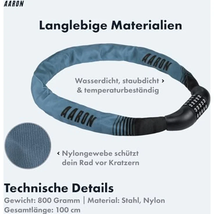 AARON Lock One Fahrradschloss, 100 cm Kettenschloss mit 5-stelligem Zahlencode, hochsicher in grau-blau für E-Bike, Mountainbike, Trekkingrad, Tourenrad, Rennrad – Bild 3