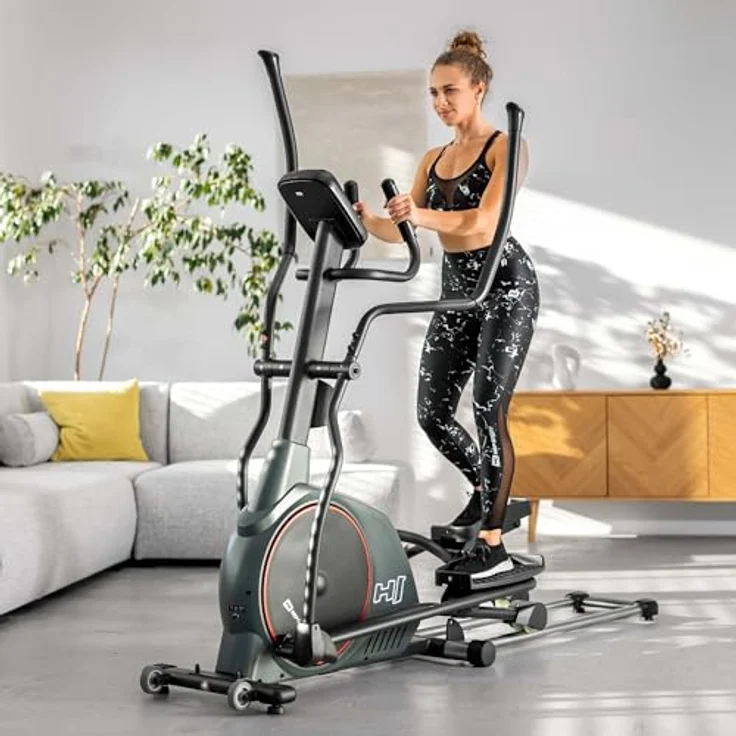 HS HOP-SPORT Crosstrainer HS-095CF mit Unterlegmatte - Ellipsentrainer 30kg Schwungmasse - Ellipsen Crosstrainer max. Benutzergewicht 135kg - Crosswalker grau – Bild 2
