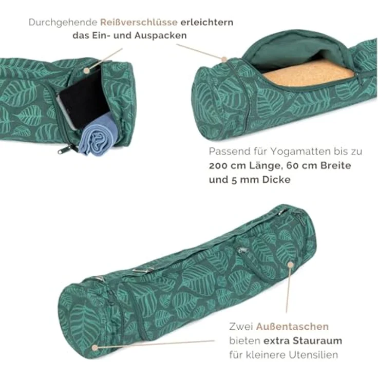 Bodhi Yogatasche ASANA Bag Cotton | Maharaja Collection | Yogamattentasche in verschiedenen Größen | Baumwolltasche für Yogamatte & Zubehör | inkl. Außentaschen | 60 cm | Bodhi Leaves/deep Green – Bild 3