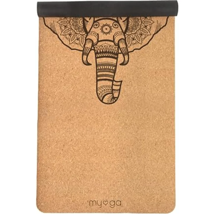 Myga XL Kork Yogamatte, 200 cm x 70 cm, rutschfest, wärmeregulierend, leicht tragbar, 6 mm dick, Elefanten Design, Naturkork – Bild 1