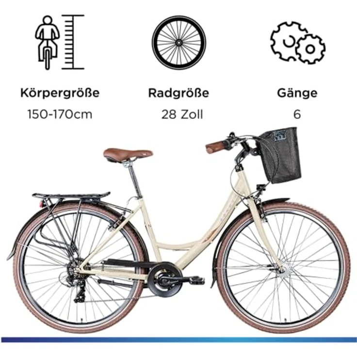 ZÜNDAPP Z700 Damenfahrrad 28 Zoll, Tiefeinsteiger Citybike mit 6 Gang und Korb, elfenbein, 46 cm – Bild 4