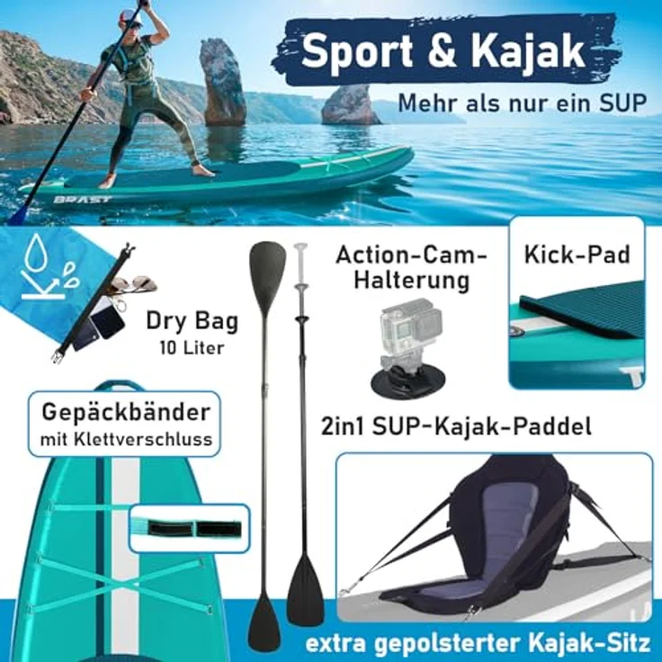 BRAST SUP Board Shark, Aufblasbares Stand up Paddle Set 320x81x15cm, 200 kg Tragkraft, inkl. Kajaksitz, 2in1 Paddel, Action-Cam-Halterung, 5 Jahre Garantie, 8 Designs – Bild 5