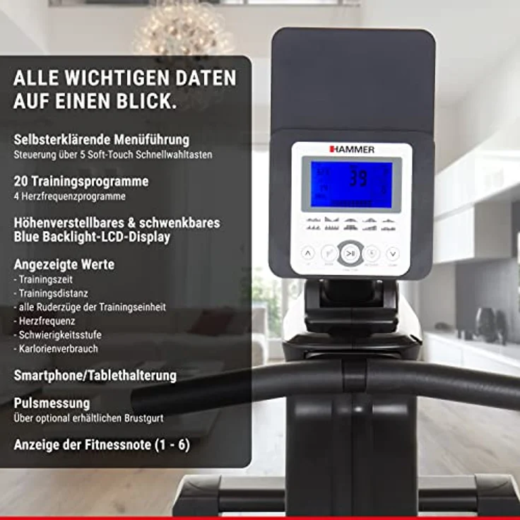 HAMMER Rudergerät Cobra XTR Plus II für zu Hause – Rudermaschine mit innovativem Trainingscomputer, Smartphone-/Tablethalterung, bis 130 kg Nutzergewicht, 232 x 55 x 75 cm, Schwarz, 4532 – Bild 3