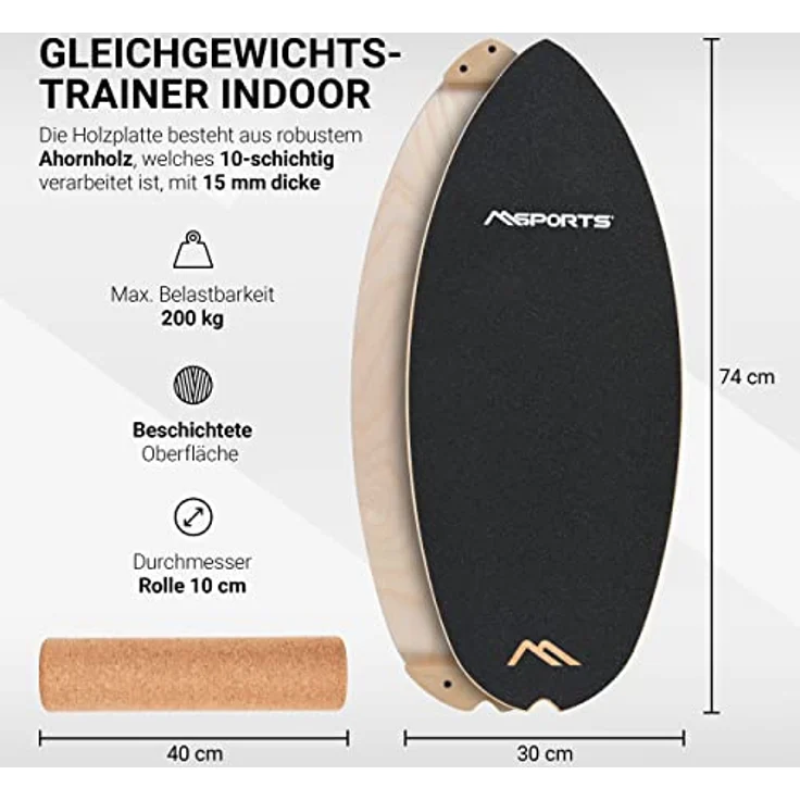 MSPORTS Surf Balance Board aus Holz/Balance Skateboard inkl. Rolle | Balance Board & Indoor Surfboard Trickboard und Gleichgewichtstrainer für Kinder und Erwachsene – Bild 2