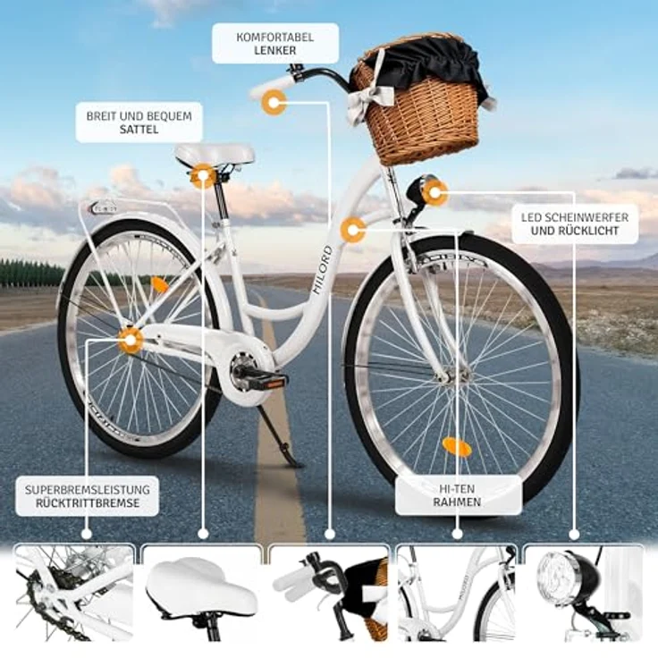 Milordbikes City-Fahrrad, 46 cm, Weiß, Metall, mit hochwertiger Ausstattung und Aluminiumfelgen, ideal für Freizeit, Sport & Fitness – Bild 2