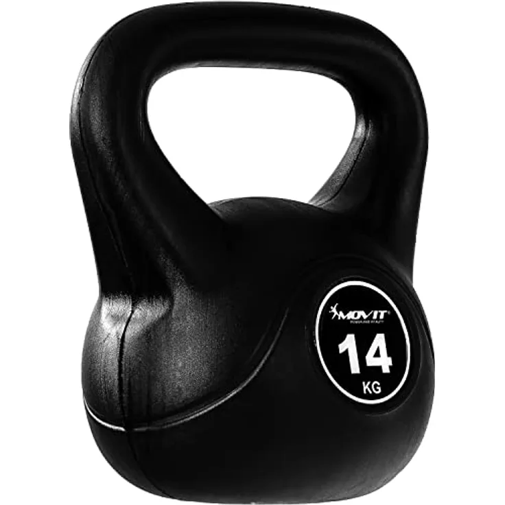MOVIT Kettlebell BASIC BLACK, Kugelhantel mit bodenschonender Kunststoffhülle, 1 kg bis 20 kg, schadstoffgeprüft, 14 kg