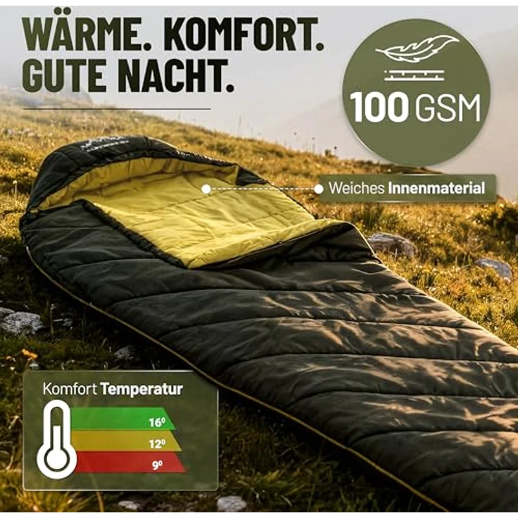 ALPENWERT® Schlafsack Sommer Ultraleicht 220x80cm, Wasserabweisend, YKK Reißverschluss, Kältebrücke, Dunkeloliv/Senfgelb – Bild 4