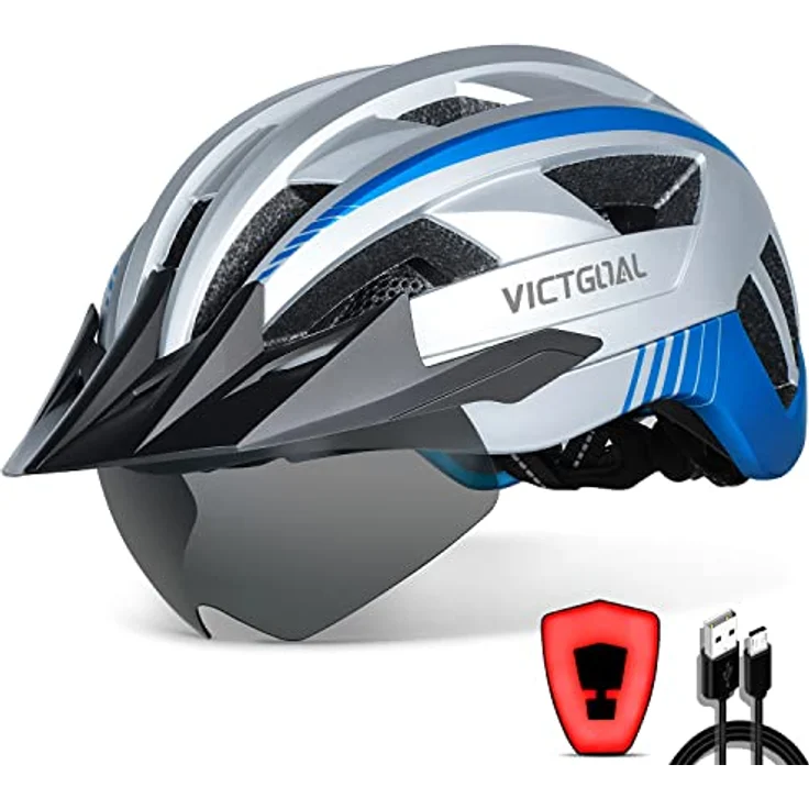 Victgoal VICTGOAL Fahrradhelm MTB Helm, abnehmbare magnetische Schutzbrille, atmungsaktiv mit 21 Belüftungskanälen, verstellbar (L: 57-61 cm, Silber) – Bild 1