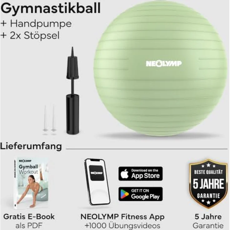NEOLYMP Gymnastikball Sitzball Büro ergonomisch, Anti-Burst bis 300 kg belastbar, rutschfest, 150 cm (Matcha, S) – Bild 2