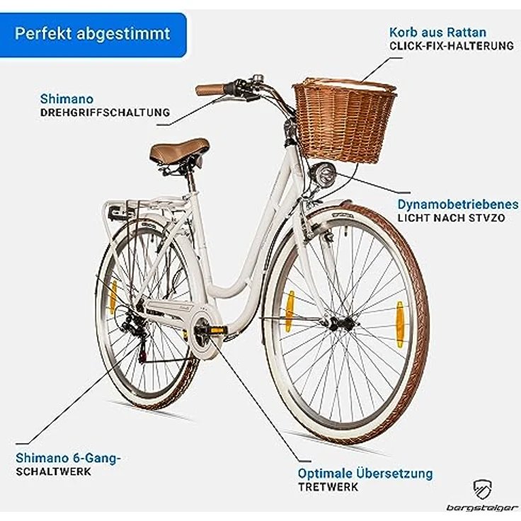 Bergsteiger Marseille 26 Zoll Damenfahrrad, Korb aus Rattan, Retro-Design, 6 Gang Schaltung, Damen-Citybike in Schwarz – Bild 5