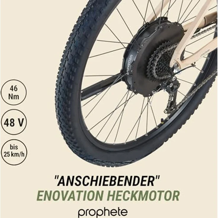 Prophete DICE 2.0 E-MTB 29" – Enovation Hinterradmotor 48V, 250W, 46Nm, Shimano Alivio 9-Gang Kettenschaltung, 130 km Reichweite, Sandbeige – Bild 5