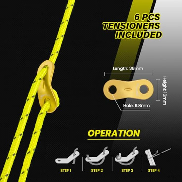 Abma Cord Abspannseile Zeltschnur, 30M elastisches Zeltseil mit 6 Seilspannern, 5mm Durchmesser, reflektierende Neon Gelb, 400 kg Bruchlast, UV-beständig für Camping und Outdoor – Bild 5