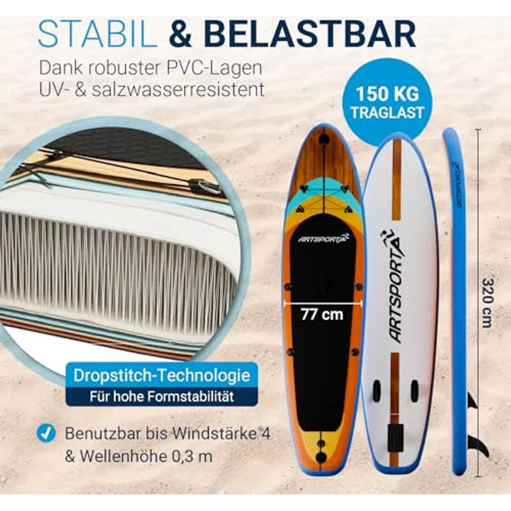 ARTSPORT® Stand Up Paddling Board Set Beach Rocker, aufblasbar 320 cm, mit Kajaksitz, Action-Cam Halterung, Zubehör und 150 kg Tragkraft – Bild 3
