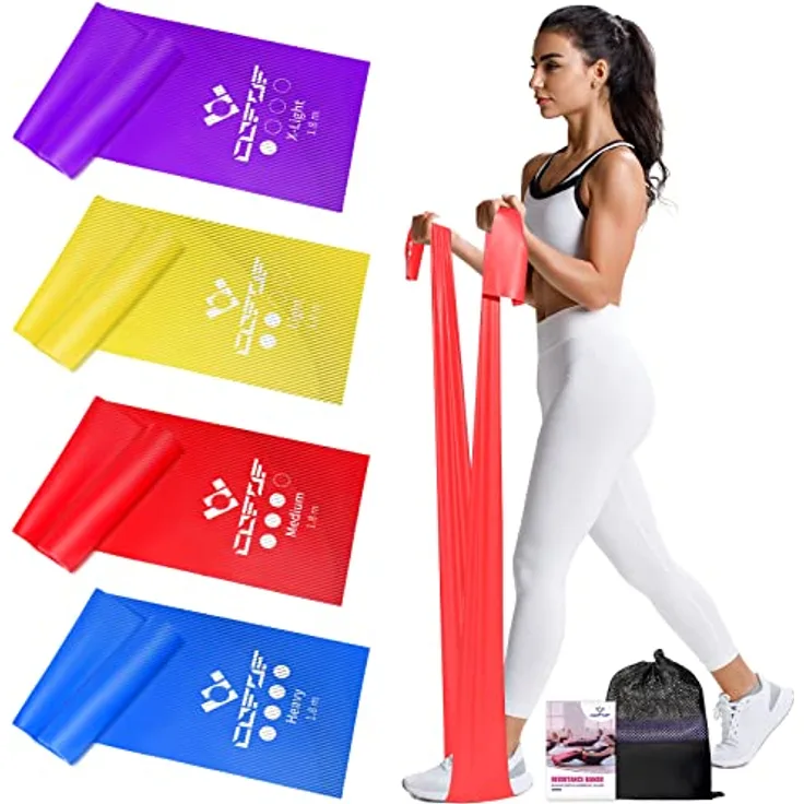 COFOF Fitnessbänder 4er-Set, 1,8m Gymnastikband mit 4 Widerstandsstufen, Tragetasche & Übungsanleitung, ideal für Yoga und Pilates (Lila, Gelb, Rot, Blau)