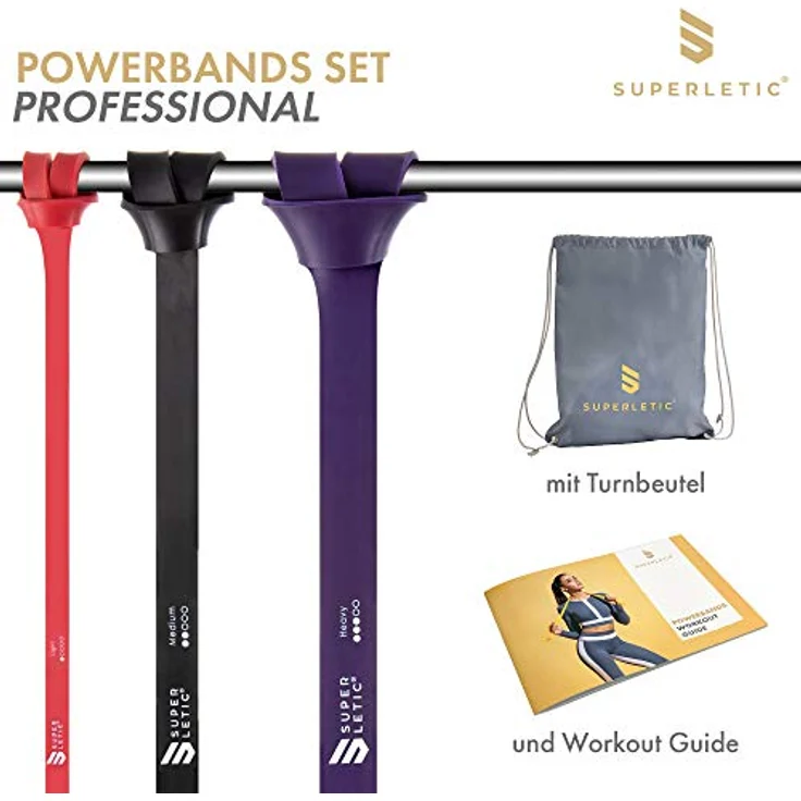 SUPERLETIC Powerbands, Widerstands-Fitness-Bänder für Pullup und Resistance-Training, 3er Set (Rot, Schwarz, Lila) mit Workout-Guide, 5 Stärken, robust und langlebig aus 100% Latex – Bild 3