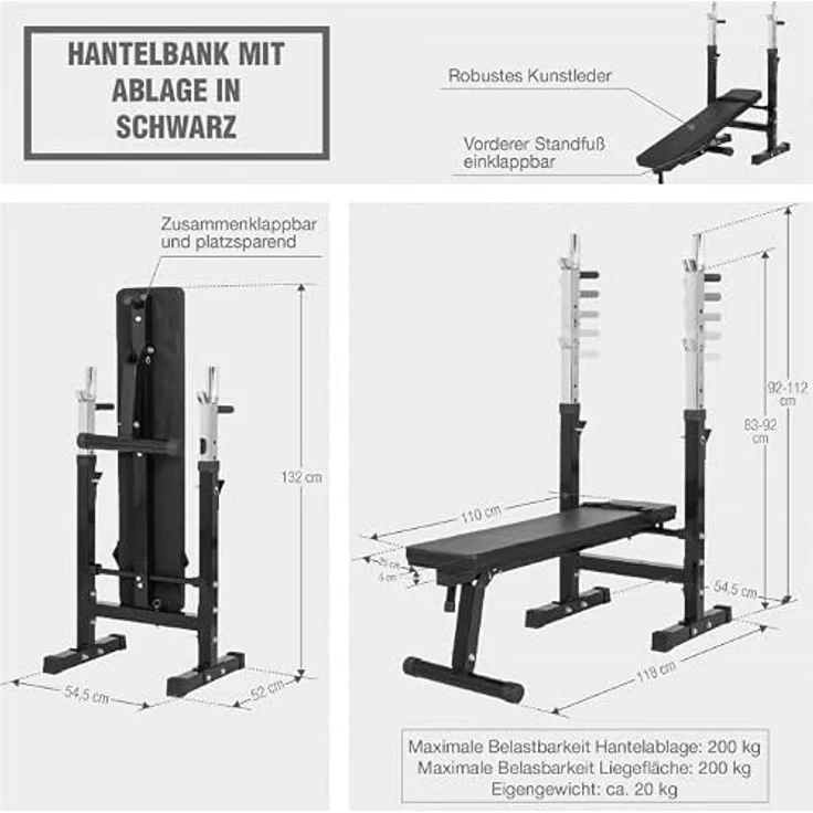 GORILLA SPORTS Hantelbank mit Ablage, Dip-Station, inkl. Hantelset 100kg, Klappbar, Schwarz/Weiß, für effizientes Krafttraining – Bild 18
